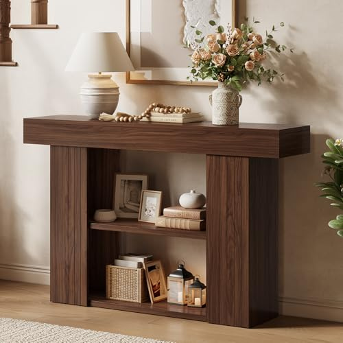 Tribesigns Mesa consola de 135 cm, mesa de pasillo de 3 niveles con estantes, mesa estrecha de sofá de madera para salón, pasillo y entrada, mesa auxiliar en diseño de medio siglo (nogal)