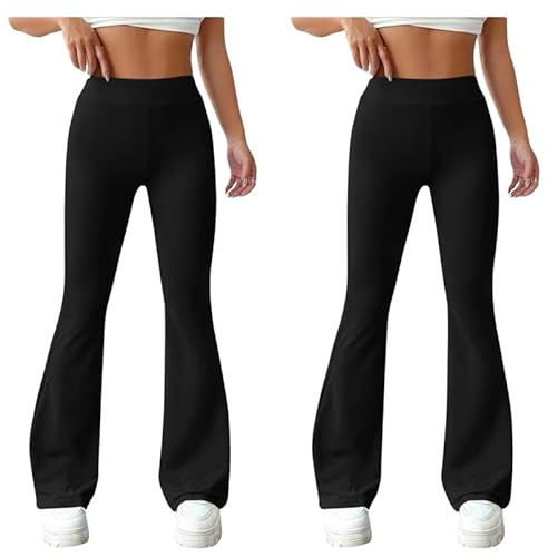 2 Pack Women’s Flared Trousers High Waist Bootcut Pants– Black Ribbed Stretch Trousers 29/31 Lengths | Twin Pack Flare Work Slack Women Gym Office Pull On Bootleg Yoga Bottoms