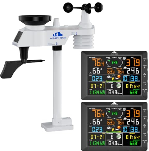 AIRAIN TECH 14-in-1 Wireless Weather Station with Dual Display, Outdoor Sensor, Atomic Clock, Rain Gauge，Wind Speed, Indoor Temp/Humidity, Barometric Pressure,etc (No WiFi)