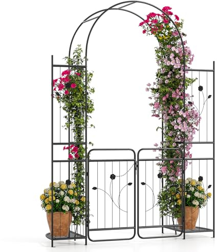 COSTWAY Arche de Jardin 220 cm avec Portail, Étagères Treillis pour Plante Grimpante ou Vignes, Arceau à Rosiers en Métal avec Piquets, Décoration pour Patio et Fête en Plein Air