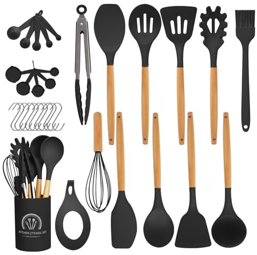 Omtofo Utensili Cucina Silicone - 33 Pezzi Utensili Da Mestoli Cucina Silicone Con Manico In Legno, Senza Bpa, Resistenti Al Calore E Antiaderenti, Con Supporto E Mestoli, Con Fori Per Appendere, Nero