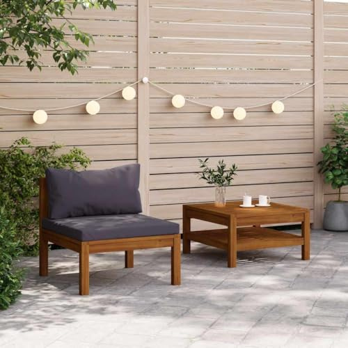 Ccslina 2-TLG Garten-Sofagarnitur aus massivem Akazienholz mit dunkelgrauen Kissen, wetterfestes Lounge-Sofa Mittelteil und Tisch für Terrasse, Balkon, Außenbereich und Wintergarten