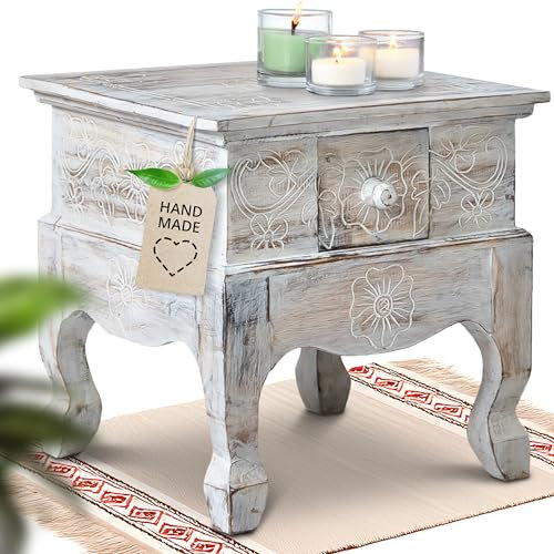 livasia Opiumtisch mit Schublade – 40x40x40cm – Handgeschnitzter Beistelltisch Holz aus Bali, Bringt asiatischen Charme als Holztisch in Dein Zuhause (Whitewash)