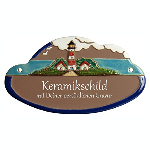 Handarbeit aus Schleswig-Holstein Keramikschild 18,0 x 10,0 cm In Wolken ragender Leuchtturm (braun)