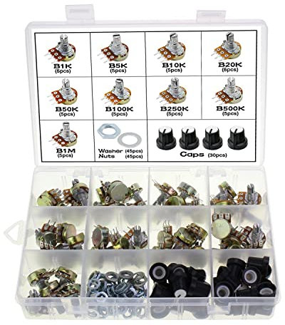 Wimas Linear-Potentiometer, 9 Werte, 3 Anschlüsse, Dreh-Potentiometer mit Muttern und Unterlegscheibe, 1 K, 5 K, 10 K, 20 K, 50 K, 100 K, 250 K, 500 K, 1 M, 45 Stück