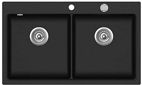 Victory W-DB860 Granitspüle Doppelbecken 86x51 cm Küchenspüle Einbau Spülbecken ab 60er Schrank inkl. Drehexcenter (black)