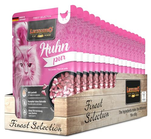 LEONARDO Frischebeutel [16x85g Huhn pur] | Getreidefreies Nassfutter für Katzen | Feuchtfutter Alleinfutter im Einzelportionsbeutel