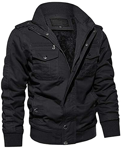MAGCOMSEN Veste Cargo Mi-Saison Homme - Chaud et Coupe-Vent avec Doublure en Polaire, Col Montant à Poches Multiples, Style Tactique Pilote Américain, Modèle à Fermeture Éclair Black M