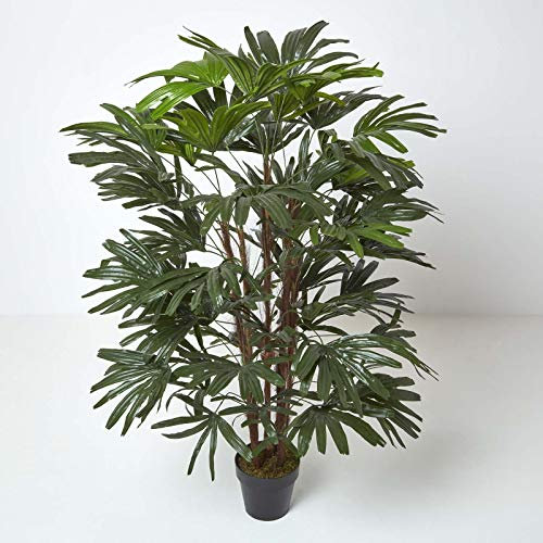 HOMESCAPES Large Artificial Rhapis Excelsa Tree 150 cm Tall with Wood Effect Trunk Replica Lady Palm Tree in Black Pot with Faux Moss Indoor Realistic Plant for Home or Office Decoration