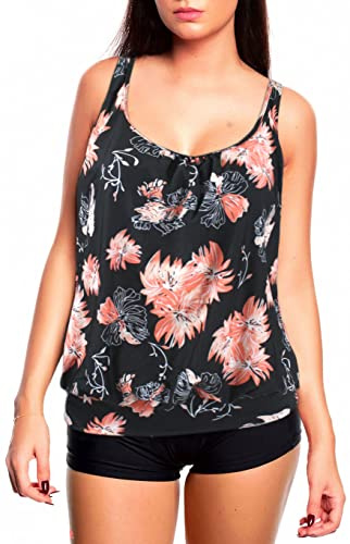Octopus Oversize damtankini-set, bort-med-magen, med trosor, hotpants eller hög midja f5465, Tankini svart/aprikos, hotpants (Sw)