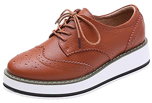 ANUFER Dam snörsko brogues plattform Creepers casual sneakers skor, Brun, 39 EU