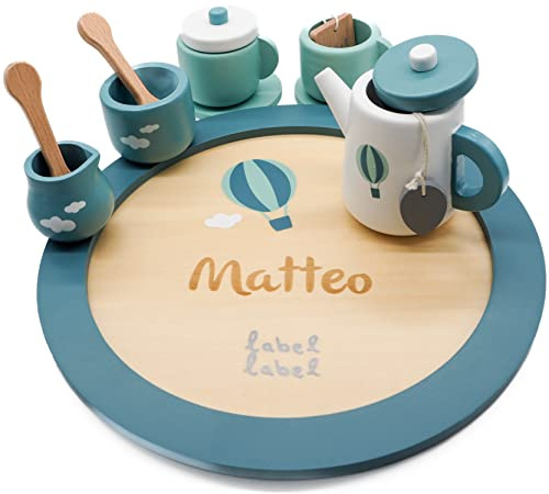Holz Tee Set Mint - personalisierbar I Handmade Holzspielzeug ab 18 Monaten I Label-Label Teeservice Kinderküche I Geburtstagsgeschenk für Kinder I Teeparty-Spielset mit Name
