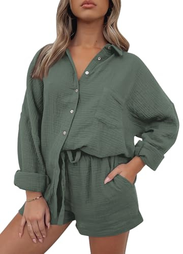 AUTOMET 2 Piece Sets For Women Lounge Wear Matching Two Piece Pajama Fashion Oversized Shirts And Shorts Spring Outfit 2026 01ArmyGreen L