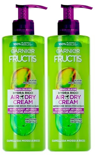 Garnier Fructis Hydra Curly Air-Dry Cream, nährende Behandlung ohne Ausspülen für welliges bis lockiges Haar, 96h mit Pistazienöl und Fruchtpektin, 2 Flaschen à 400 ml