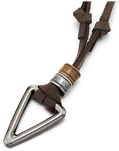 COOLSTEELANDBEYOND Unisex Herren Damen Vintage Antiquität Grau Silber Dreieck Charme Anhänger Halskette mit Verstellbaren Braun Lederband