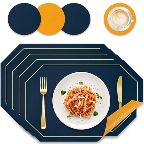 BOCHION Placemats Set of 4, Dual Sided Table Mats and Coasters Set of 4 | Waterproof, Heat Resistant, Washable, Wipeable, Non-Slip, 43 x 30 CM Place Mats for Home, Kitchen, Restaurant (Blue & Yellow)