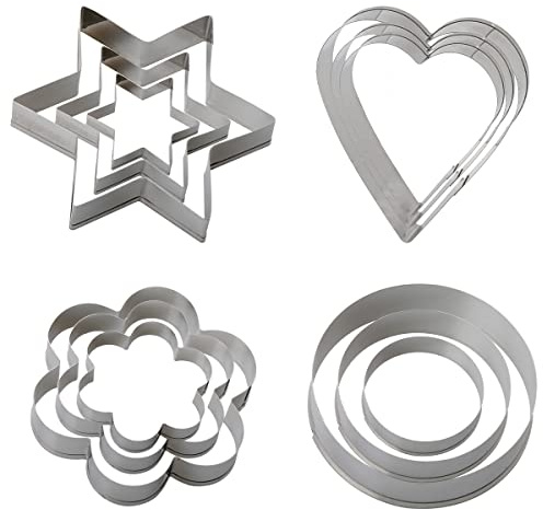 12Pcs Cookie Cutters Set, GLADFRESIT Stainless Steel Baking Mold - Heart Star Round Flower Shape Biscuit Cutters Baking Tool for Birthday Party Christmas Valentine's Day