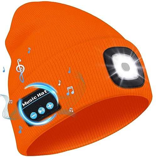 Deilin Bluetooth-Mütze mit LED-Lampe für Männer und Frauen, Mütze mit 4 LED-Licht, USB-Lampe, wiederaufladbar, Bluetooth 5.0 Hut mit drahtlosen Stereo-Kopfhörern, Orange