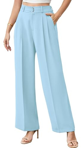 Betusline Pantalones de vestir de pierna ancha para mujer, cintura alta, estilo casual de negocios, corte recto, para oficina, color azul, talla S