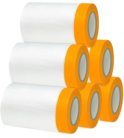 Gigmeta 6 rotoli di pellicola di copertura per pittore, nastro adesivo dorato con pellicola 55 cm x 20 m, trasparente con nastro adesivo in tessuto