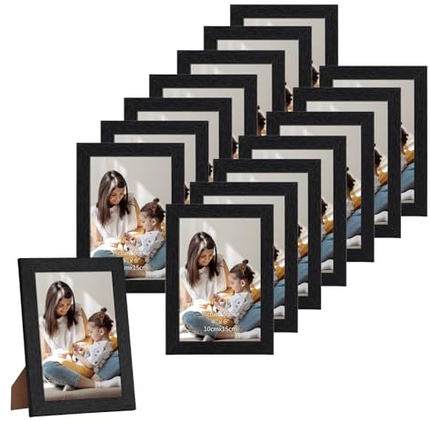 HORLIMER 15er Bilderrahmen Set 10x15 cm, Schwarz Bilderrahmen mit Holzmaserung, Fotorahmen Collage für 15x10 Fotos und Bilder, Wand- oder Tischaufstellung