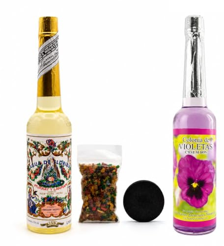 Pack de Dos Aguas Floridas mas Muestra de Incienso en Grano Especial DoraZen y Pastilla de carbón (Florida 270 ml + Violetas 221 ml)