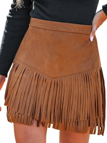 CUPSHE Jupe pour Femme Automne Hiver avec Franges en Velours, Jupe à Taille Haute Western Mini Jupe Mini Skirt, marron, XL