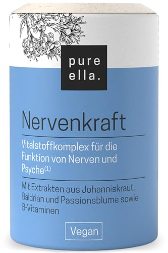 Pure Ella NERVENKRAFT - Baldrian Passionsblume Johanniskraut Kapseln - Vitamin B1 und Niacin für Nerven & Psyche - Laborgeprüft in Deutschland – Hochdosiert, 60 Vegane Kapseln