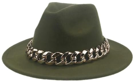 SOYNIA Fedora Trilby Filzhut Hut Damenhut Breite Krempe Dicke Goldkette Fascinator-Hüte Für Herren Und Damen Panama-Cowboyhut 60–62 cm (XL) Armeegrün