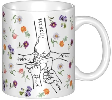 Ozinna Fleurs de Naissance Tasse Personnalisable avec Noms Texte,Tient Les Mains de Maman Mug Personnalisée,Tasse A Cafe Céramique,Noël Anniversaire Cadeau pour Maman Grand Mère Cadeau Fête des Mères