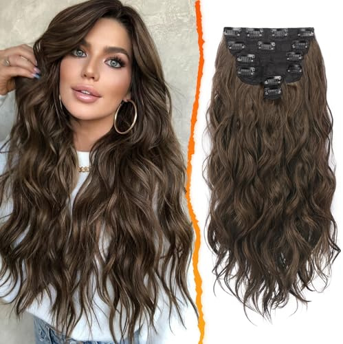 BARSDAR Clip en Extensiones de Cabello para Mujer, 50cm Ondulado Rizado Clips Extensión de Pelo Marrón 6 Piezas Natural Sintético Clip en Postizo Extensiones Cabello - Marrón