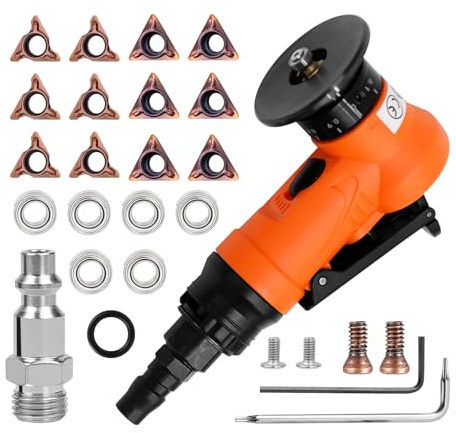 2 in 1 Mini Pneumatic Chamfering Machine, 45° Arc Corner Beveling Trimming Deburring Machine 30000RPM Handheld Chamfering Air Chamfer Tool with 1/4 Inch Air Inlet (C&R Angle Blades,Orange)