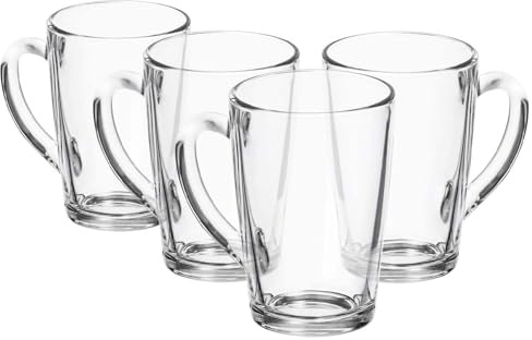 Hyper Mart Clear Glass Coffee, Tea Mug Set, (4 Pack) -36 cl-12Ounce with Convenient Handle, for Hot/Cold Beverages, Thermal Shock Resistant, Tempered Glass, for Cappuccino, Latte, Espresso,