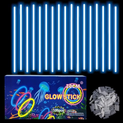 Braccialetti Luminosi Fluorescenti Blu 100 Pezzi, Colorati Bastoni Bulk con 100 Connettori, Glow Sticks Bambini Adulti per Compleanno, Feste, Carnevale, Capodanno, Pasqua, Halloween