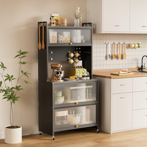 Warmiehomy Kitchen Storage Cabinets, Pantry Cupboard with 5 Tiers Bakers Rack, Kitchen Shelves with Transparent Flip Door & 4 Rolling Wheels, 60x40x162cm, Grey