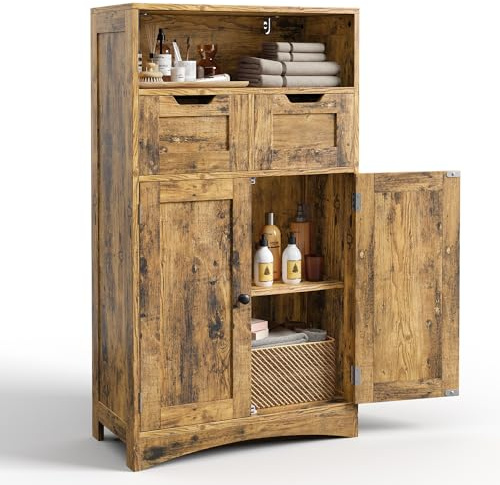 Bealife Armadietto da Bagno, Mobile Sottolavabo per Bagno, con 2 Ante, 5 Scomparti e Ripiano Regolabile in Altezza in 3 Livelli, Chiusura Magnetica, Molto Spazio, 108 x 30 x 60 cm (Retrò)