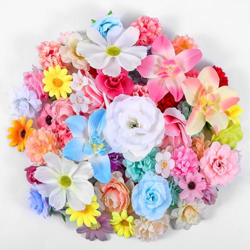 Sliverdew 50 Stück Kunstblumen zum Basteln, 4~8cm Stoffblumen, Kunstblumen Blumenköpfe, Künstliche Blumen Mini Seidenblumen, Fake Blumen Dekoblumen für Hochzeit DIY Party Deko
