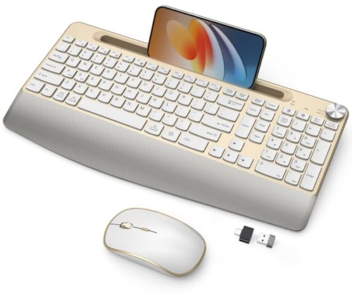 JOYACCESS Combo ergonómico de teclado y mouse inalámbricos, teclado de tamaño completo con reposamuñecas y soporte para tableta, rodillo de volumen para computadora, PC, portátil, dorado y blanco