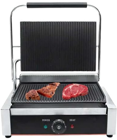 Commercial Electric Panini Contact Grill, Countertop Griddler Sandwich Toaster Maker, 50°C–300°C, 180° Foldable, Non-Stick Coating, Drip Tray, with Cool Touch Handle,14x9Grooved