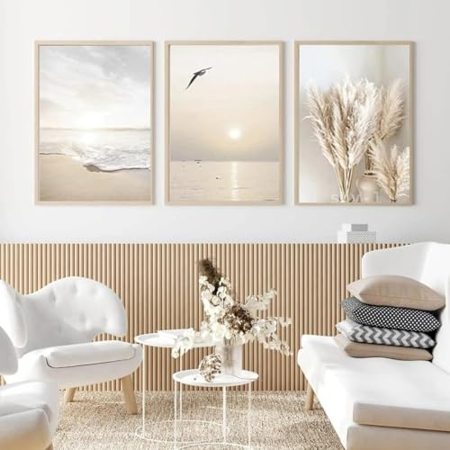 3 carteles decorativos de pared, color beige, cuadro paisaje, mar, playa, Pampas, cartel bohemio chic, póster de la naturaleza del mar, mural Deco Zen salón, dormitorio, lienzo Boho 50 x 70 sin marco
