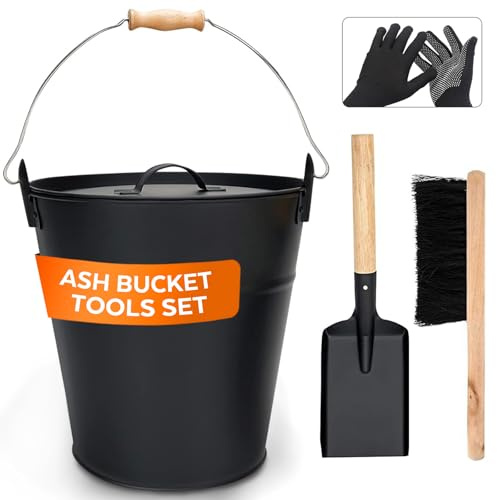 KEFIY 3.5 Gallon Ash Bucket with Lid and Shovel, Metal Fireplace Ash Bucket with Broom, Complete Fireplace Tools Set for Wood Stove and Fireplace