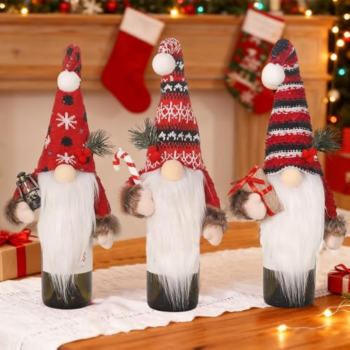 TECHEEL 3 Stück Weihnachten Weinflasche Abdeckung Weihnachten Flaschen Deko Weihnachtsflaschentasche Weinflasche Abdeckung Taschen Flaschenüberzug für Home Dinner Wein Weihnachte Tischdeko