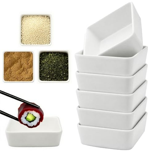 Ciotole per Salsa di Soia, 6 Pezzi Ciotole da Dessert in Porcellana, 8,2 x 8,2 x 3 cm Mini Quadrate Ciotola per Spezie, Ciotola per Salse Quadrate Impilabili, per Sushi, Salumi, Contorno(Bianco)
