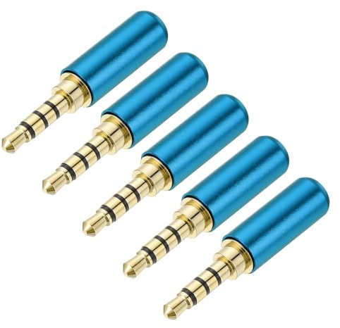 sourcing map 5Pcs 3.5mm Replacement Repair Plug Jack, 4 Pole Metal Stereo Male Plug 3.5mm Solder DIY Audio Cable Connector for Headphone Earphone Microphone Cable Repair, Blue