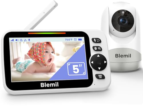 Blemil Monitor de bebé 5 Pulgadas, versión Mejorada con Pantalla Dividida – Vídeo Monitor de Gran tamaño con visión Nocturna | Cámara con Control Remoto de panorámica/inclinación/Zoom | Sin WiFi