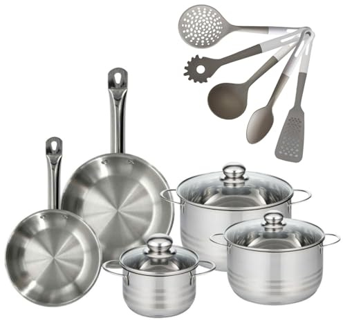 Fackelmann 9217750 Lot 2 Poêles Inox 20/24 cm Etherna & 3 Faitouts Inox 16/20/24 cm Sans PFAS avec 5 Ustensiles de Cuisine