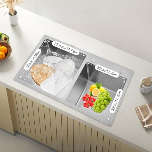 Fregadero de cocina de acero inoxidable, fregadero de cocina doble, con escurridor, acero inoxidable, plata, 78 x 43 x 21 cm, rectangular, estilo moderno, montaje bajo encimera, con escurridor