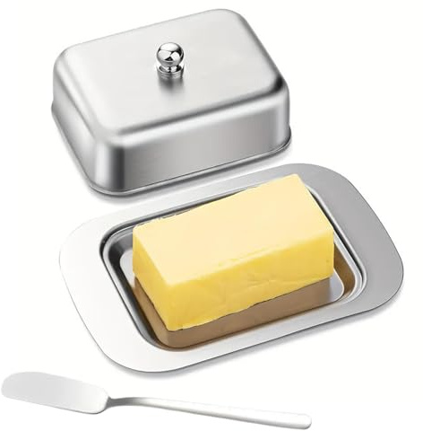 Recipiente para mantequilla | Recipiente para almacenamiento de acero inoxidable | Mantequera decorativa con tapa | para casa, cocina, encimera de trabajo, apartamento, granja, restaurante, café