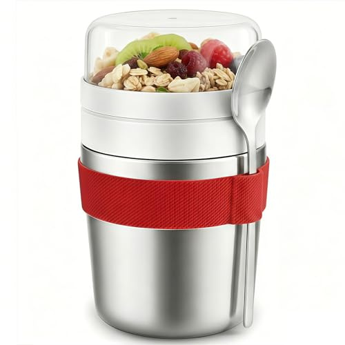 PELARISE MüSlibecher To Go 500ml+220ml, Joghurtbecher To Go Kinder Mit LöFfel, Joghurt To Go Mit Doppelschicht-Design, Trocken- Und Nasstrennung MüSli To Go Becher, MüSli Cup Cornflakes To Go Becher