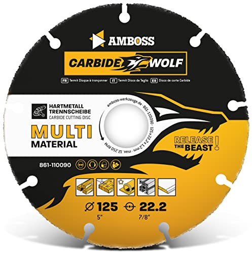 Amboss Carbide Wolf Ø 125mm - Multi Hartmetall Trennscheibe für Winkelschleifer (Flex,Bosch uva) - Holz (mit Nägeln), Kunststoff, Plastik, Gips - Holztrennscheibe, Universal Sägeblatt, Speedcutter